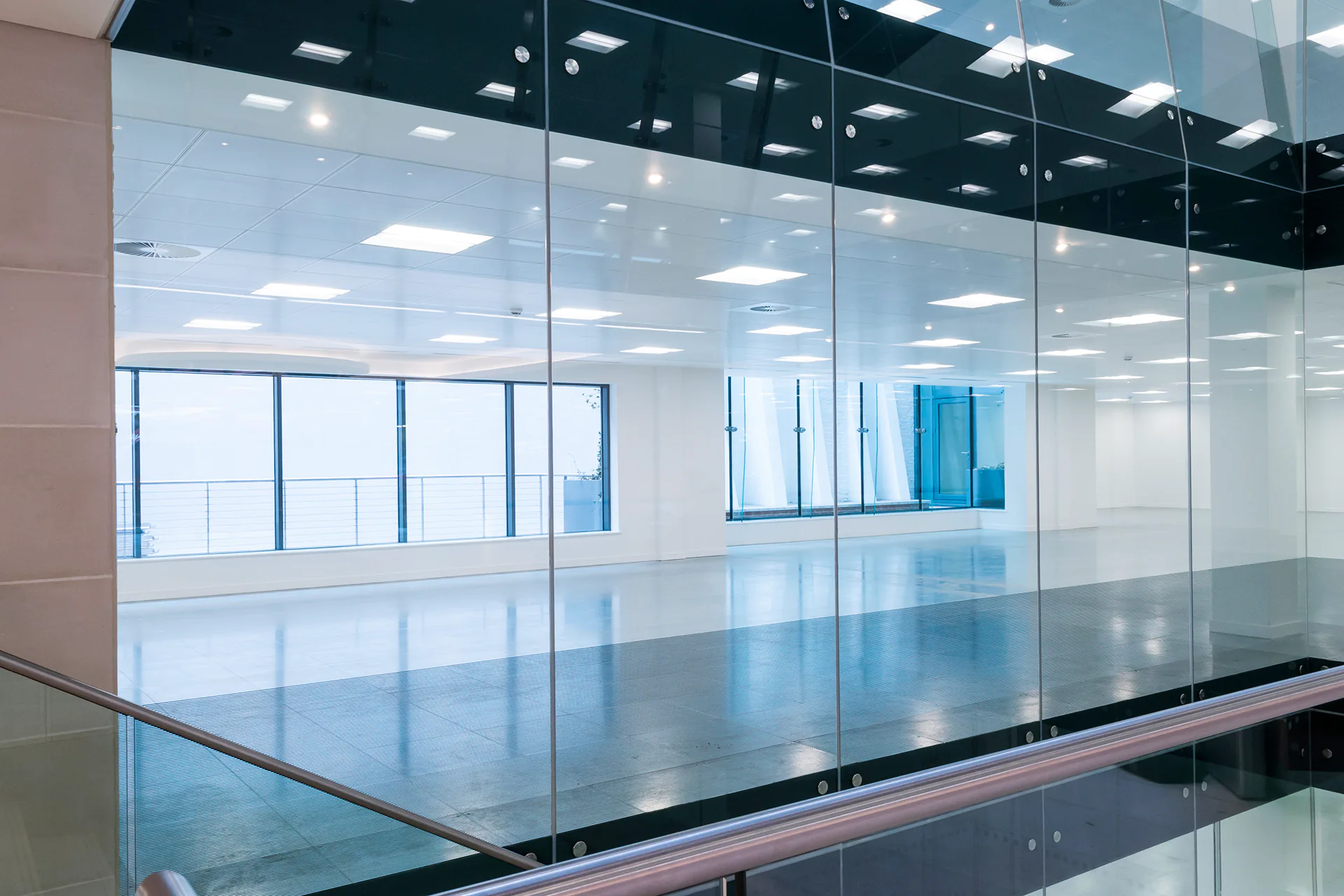 Cleaned glass partitions in an office building